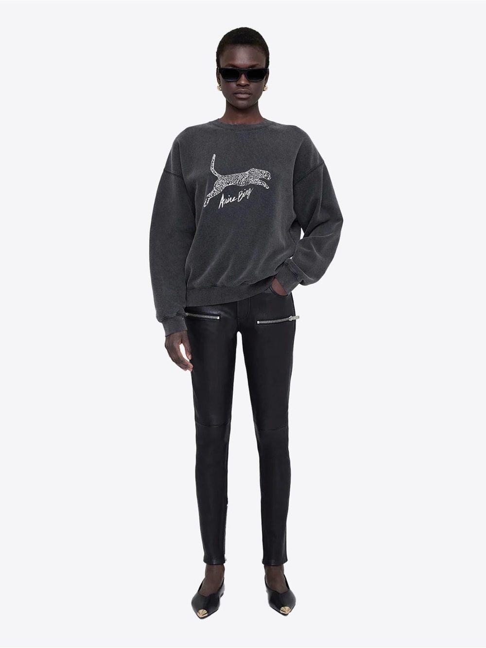Anine Bing Spencer Spotted Leopard Crewneck Sweatshirt Washed Black Medium $250